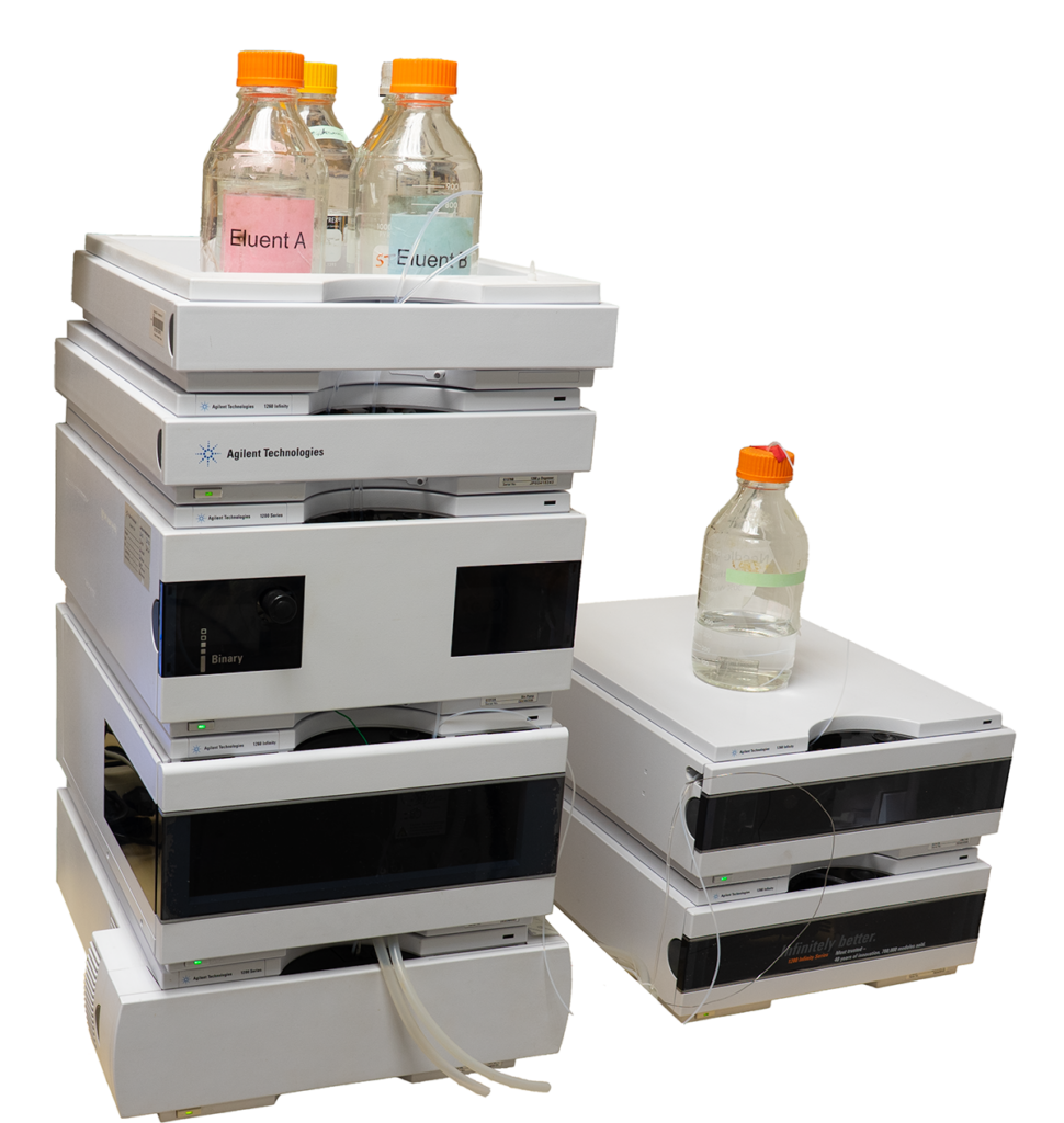 stack of HPLC unit with eluent bottles on top