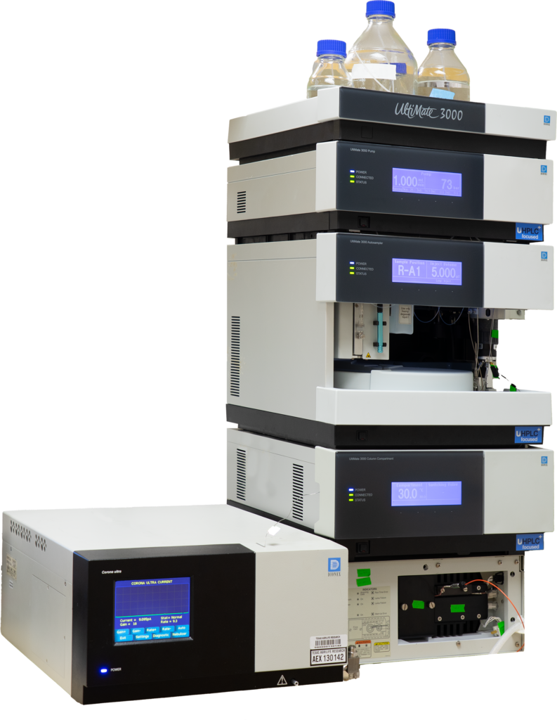 Stack of HPLC modules with eluent bottles on top